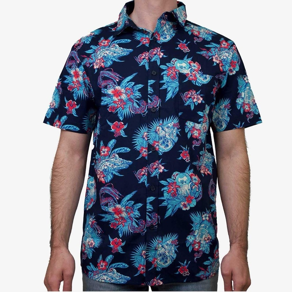 Star Wars Hawaiian Button Down‎ Shirt Navy Floral Print Short Sleeve Size M